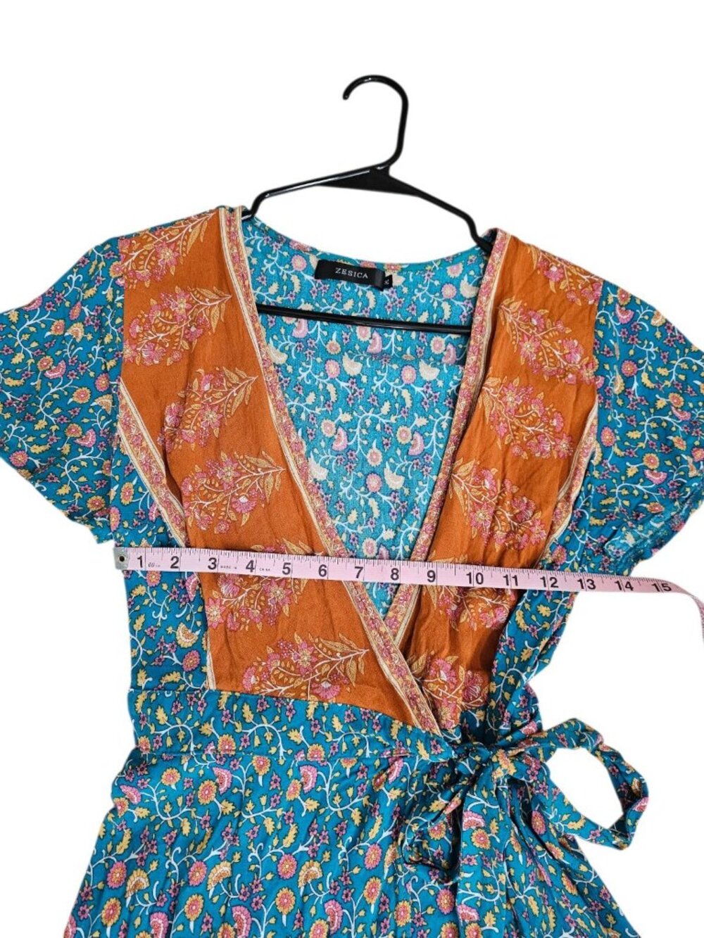 ZESICA Womens Medium Wrap Dress Blue Rust Floral Rayon Iconic Boho Festival Mini - Picture 7 of 8